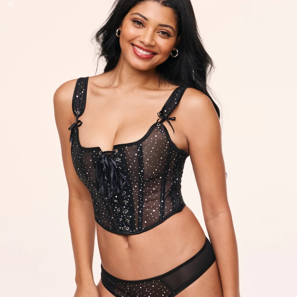 Adore Me - Black Sheer Corset with Lace-Up Detail, including matching panties